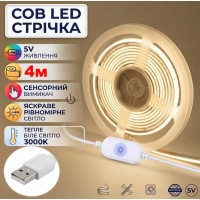 USB Светодиодная COB лента 5V с сенсорной кнопкой 4 м цвет теплый белый 3000К