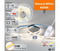 USB Светодиодная COB лента 5V с сенсорной кнопкой 4 м цвет натуральный белый 4000К USB Светодиодная COB лента 5V с сенсорной кнопкой 4 м цвет натуральный белый 4000К